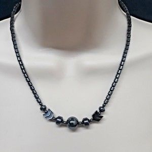 HEMATITE ROUND BARREL SAUCER CHEVRON Beads BEADED STRAND NECKLACE 18"